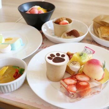 Flat lay of assorted desserts on white plates: strawberry cake, macarons, fruit tart, peaches, and a cup with paw-print cocoa.