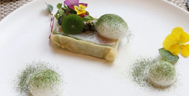 Fine dining plate: a rectangular layered dish topped with greens and edible flowers, with two white quenelles dusted in green powder on a white plate.