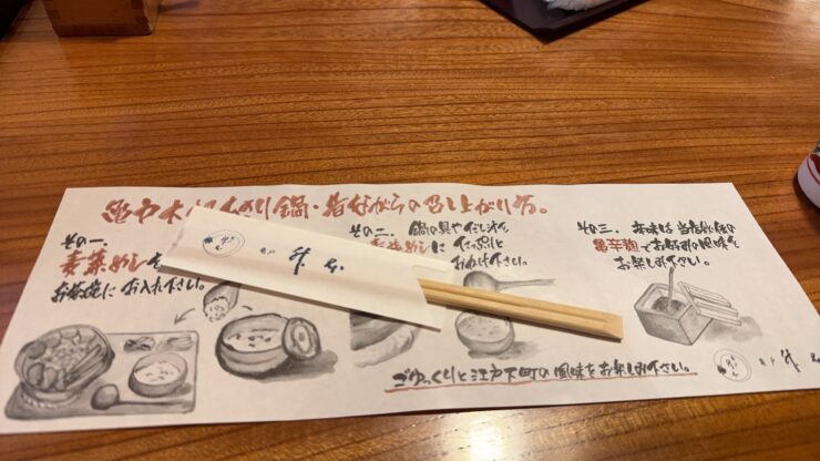 Japanese menu sheets with drawings of dishes and handwritten text on a wooden table, with chopsticks resting on top.