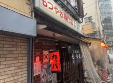 Front view of a Japanese restaurant storefront with red lanterns, posters, and fabric noren curtains outside.